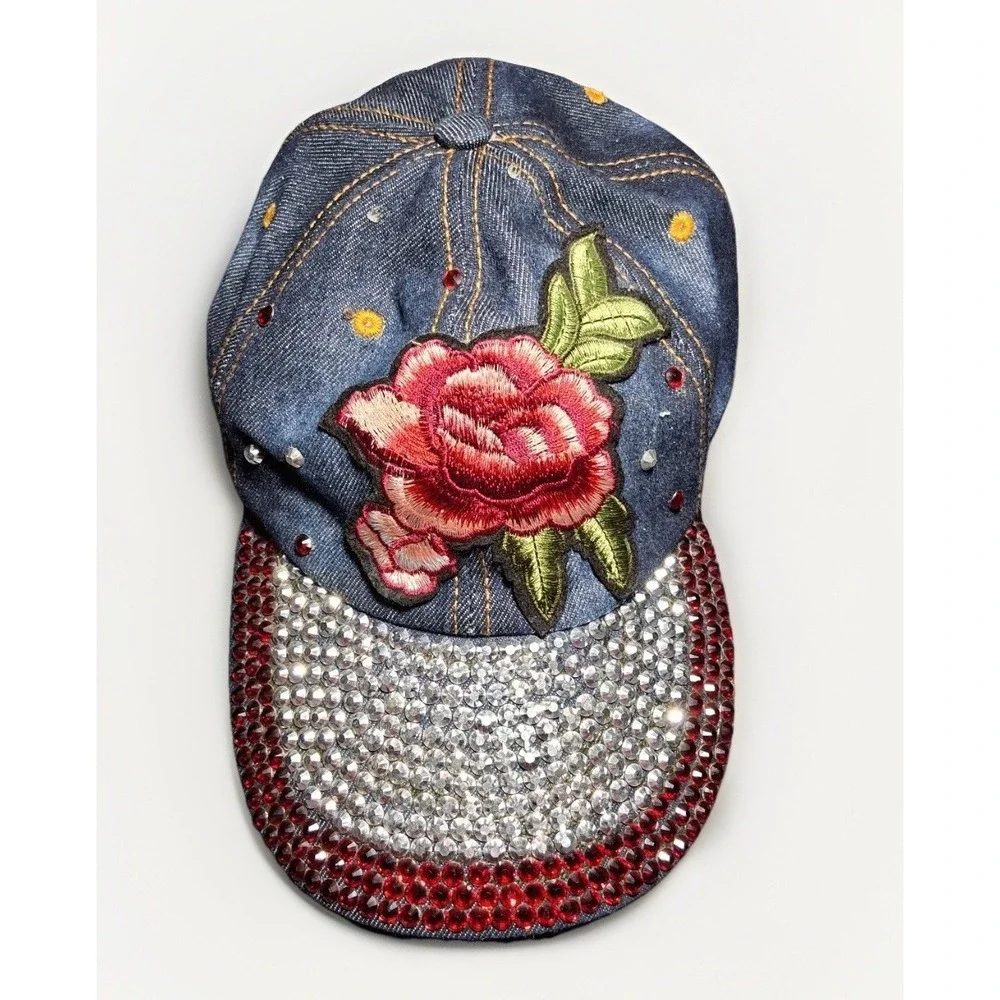 Floral Embroidered Denim Baseball Cap Rhinestone Bling Rose Blue Red Hat